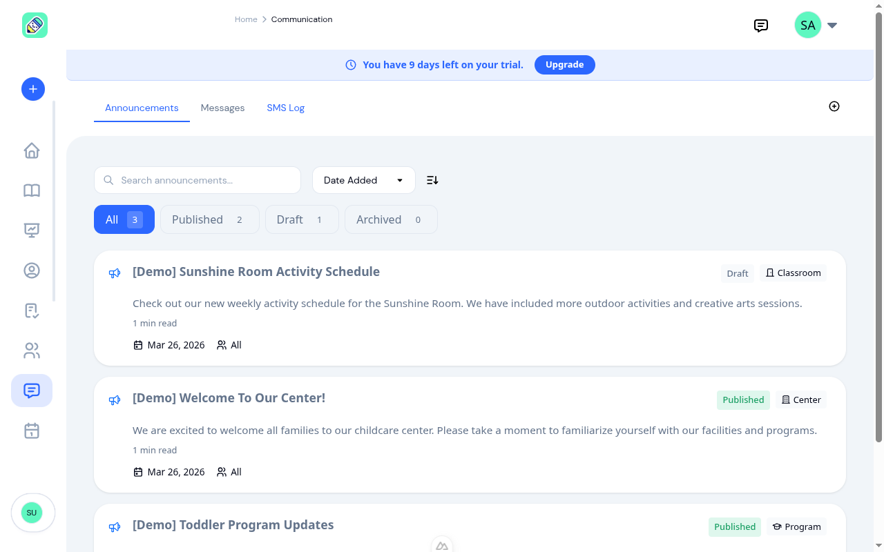 Communication hub showing the Announcements tab with status filters and a list of announcements