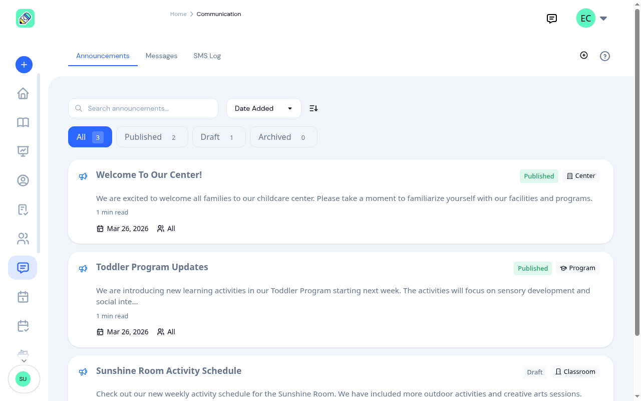 Communication hub on the Announcements tab, showing the All/Published/Draft/Archived filters with counts and three announcements scoped to the center, a program, and a classroom