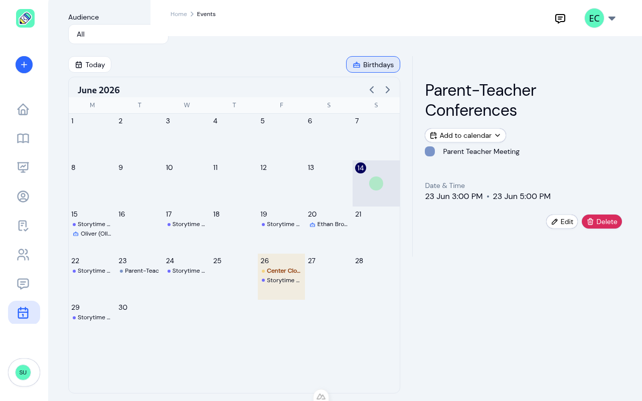 Events calendar in month view with several events, and the detail panel on the right showing a selected event