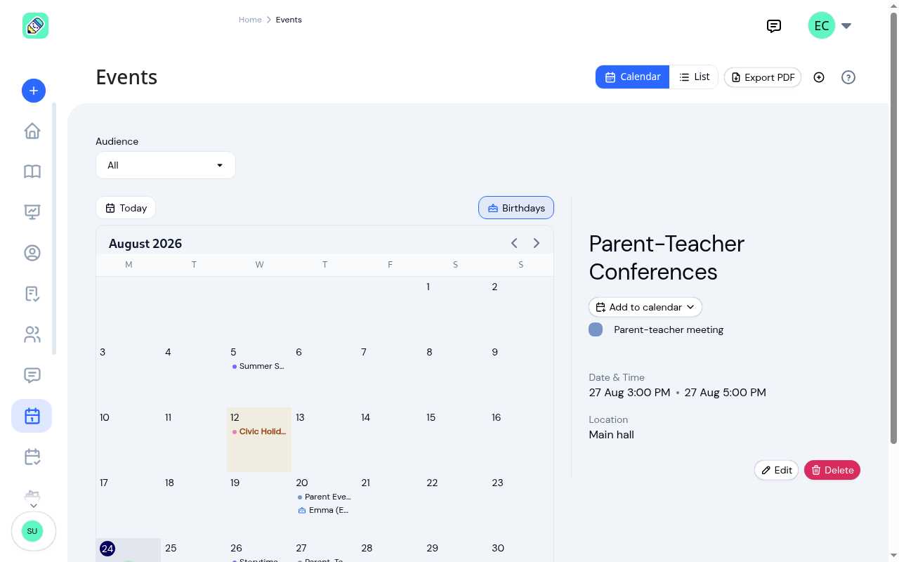 Events calendar in month view with several events, and the detail panel on the right showing a selected event