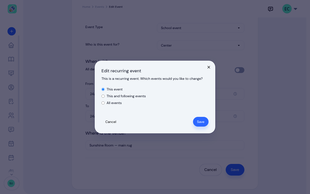 Edit recurring event dialog asking whether to change this event, this and following events, or all events