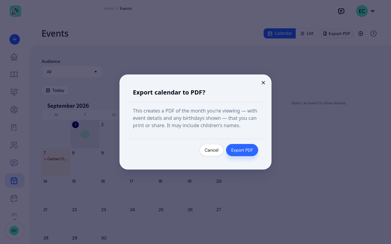 Export calendar to PDF confirmation dialog explaining the PDF covers the month you're viewing