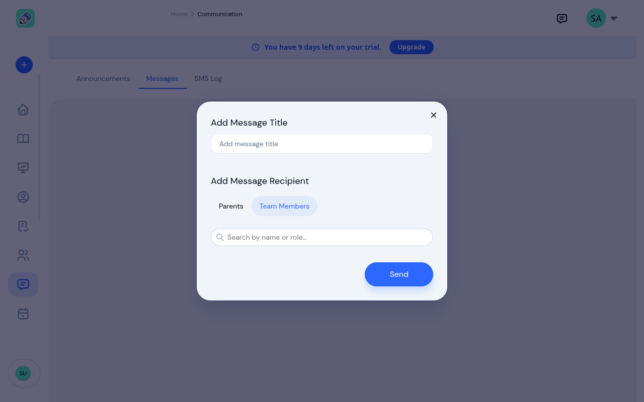 New message modal with title field and recipient selection