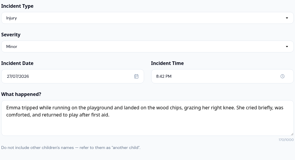 Top of the incident form with Incident Type set to Injury, Severity set to Minor, the incident date and time, and a filled-in What happened? box