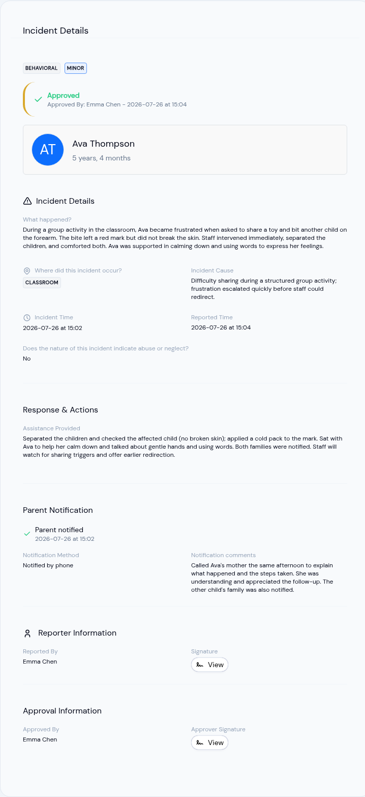 Incident detail showing Behavioral and Minor badges, the approved banner, the child card, what happened, where it occurred, the cause, the abuse-or-neglect answer, the response, the parent notification with method and comments, and the reporter and approver signatures
