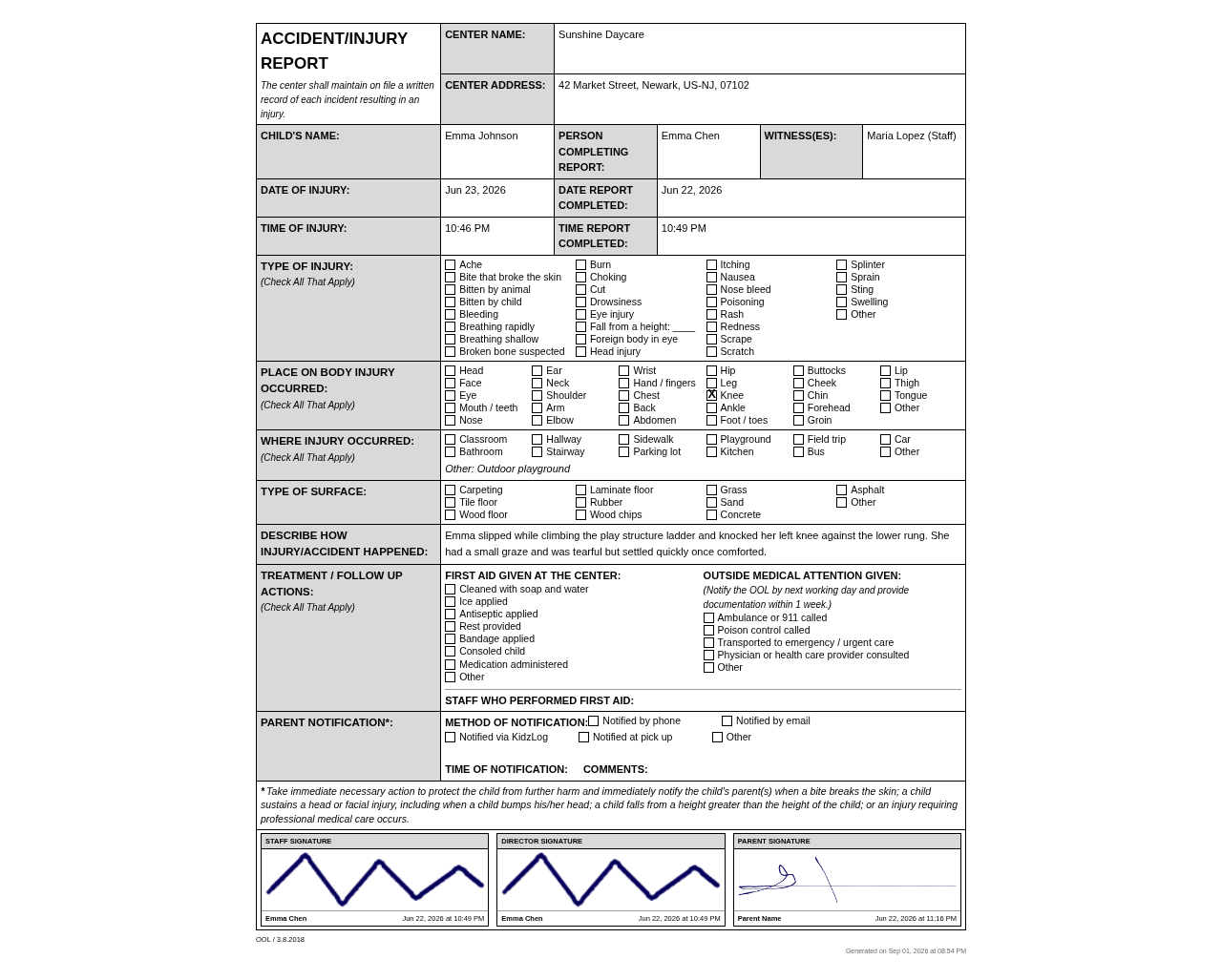 Printed New Jersey Accident/Injury Report showing the center name and address, the checkbox grids for type of injury, place on body, where the injury occurred and surface, the description, treatment and parent notification rows, the immediate-action notice, and the staff, director, and parent signature blocks