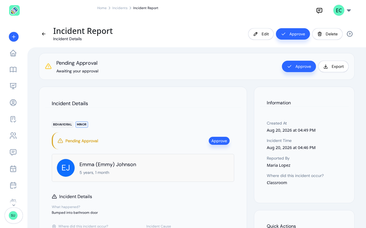Pending incident report with Edit, Approve and Delete buttons in the header and a yellow Pending Approval banner