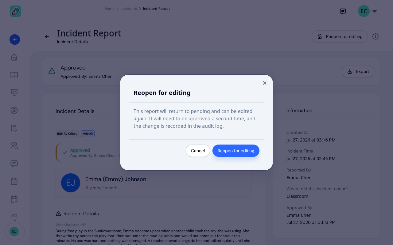 Reopen for editing confirmation explaining that the report will return to pending, can be edited again, will need to be approved a second time, and that the change is recorded in the audit log