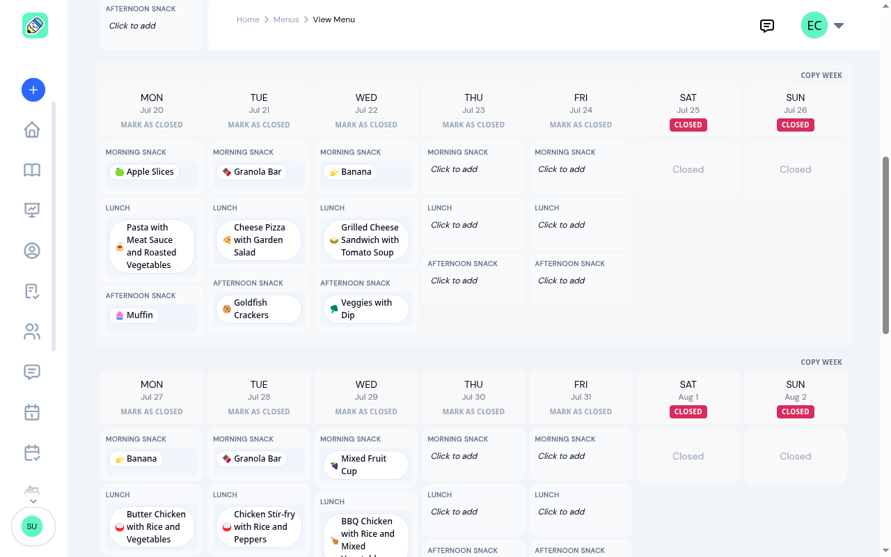 Populated menu builder showing week 2 with morning snacks, lunches, and afternoon snacks filled in across Mon–Fri