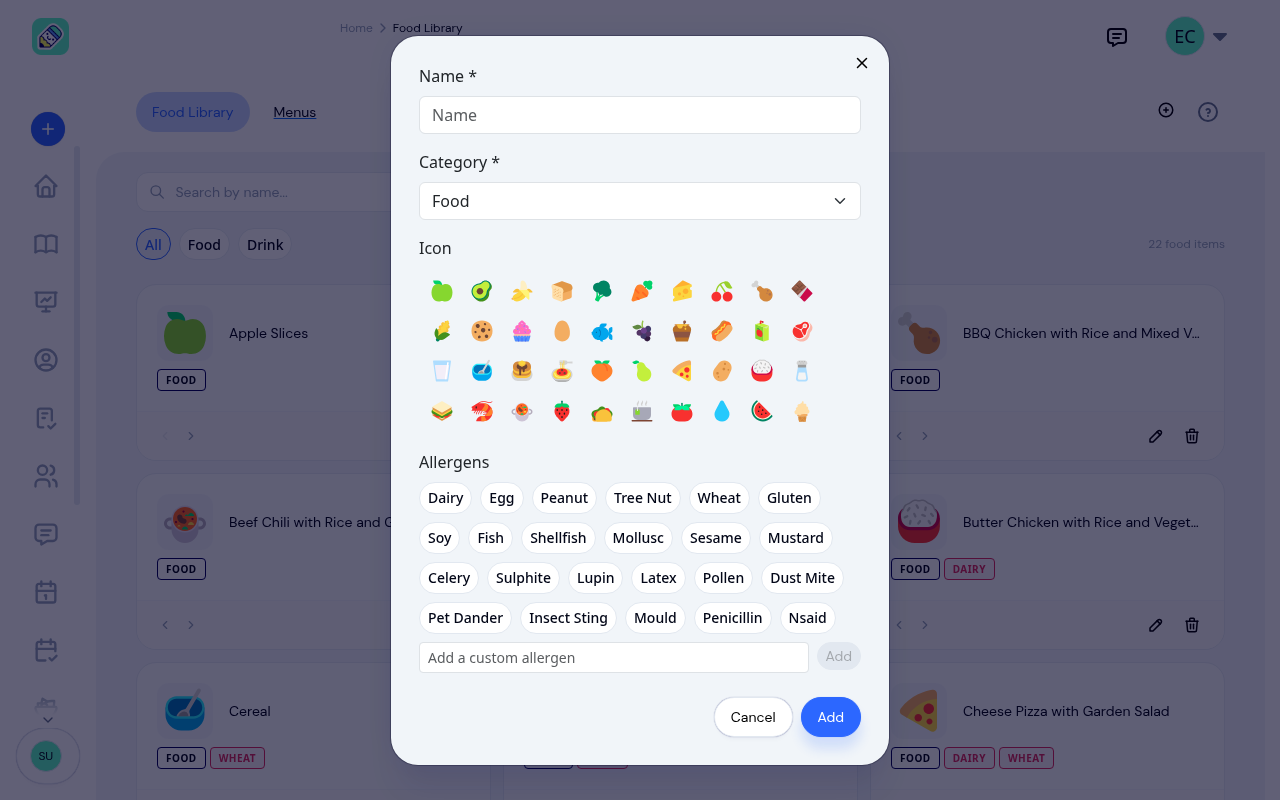 Add Food Item modal with name, category, icon picker, and allergen pills