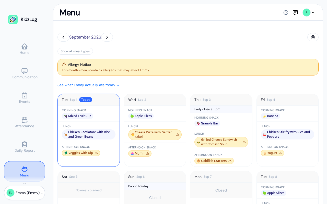 Parent menu view showing September 2026 with meals for each day, an allergy notice, the items that may affect the child outlined in amber, and a "See what Emmy actually ate today" link