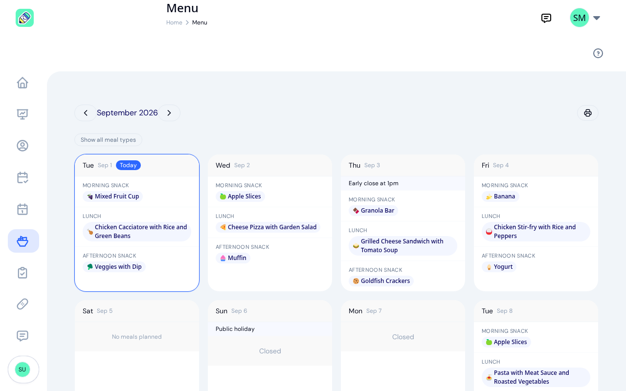 Teacher menu view showing September 2026 with meals populated across the week and a print button in the top right