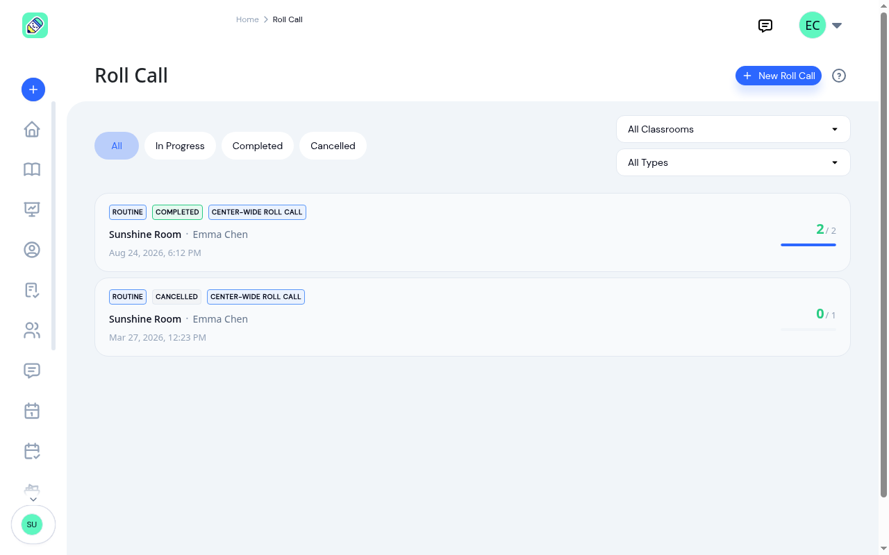 Roll call list showing a completed routine session with 2 of 2 verified and a cancelled one, above the status tabs and classroom and type filters