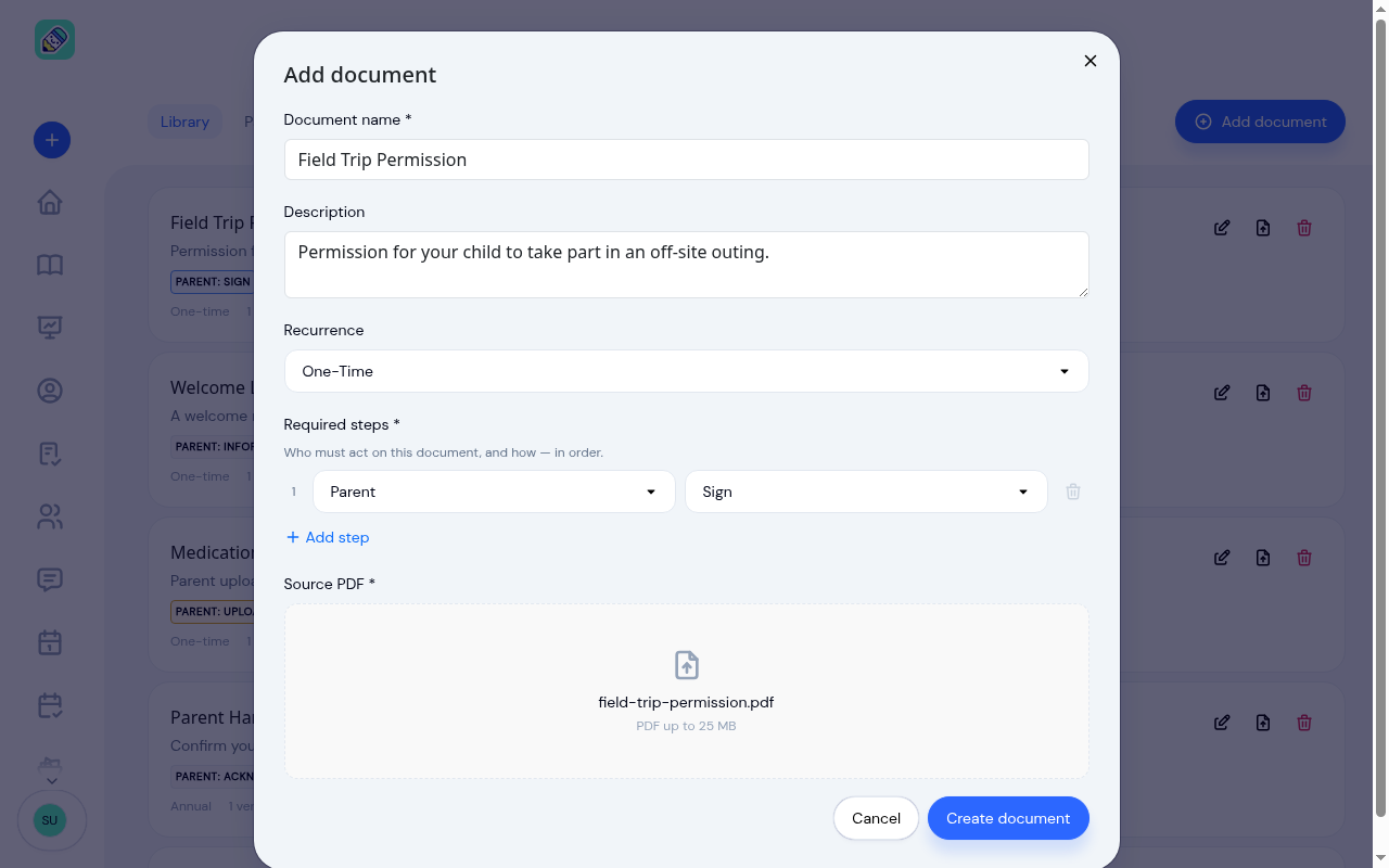 The Add document form with a name, recurrence, a signing step, and a PDF attached
