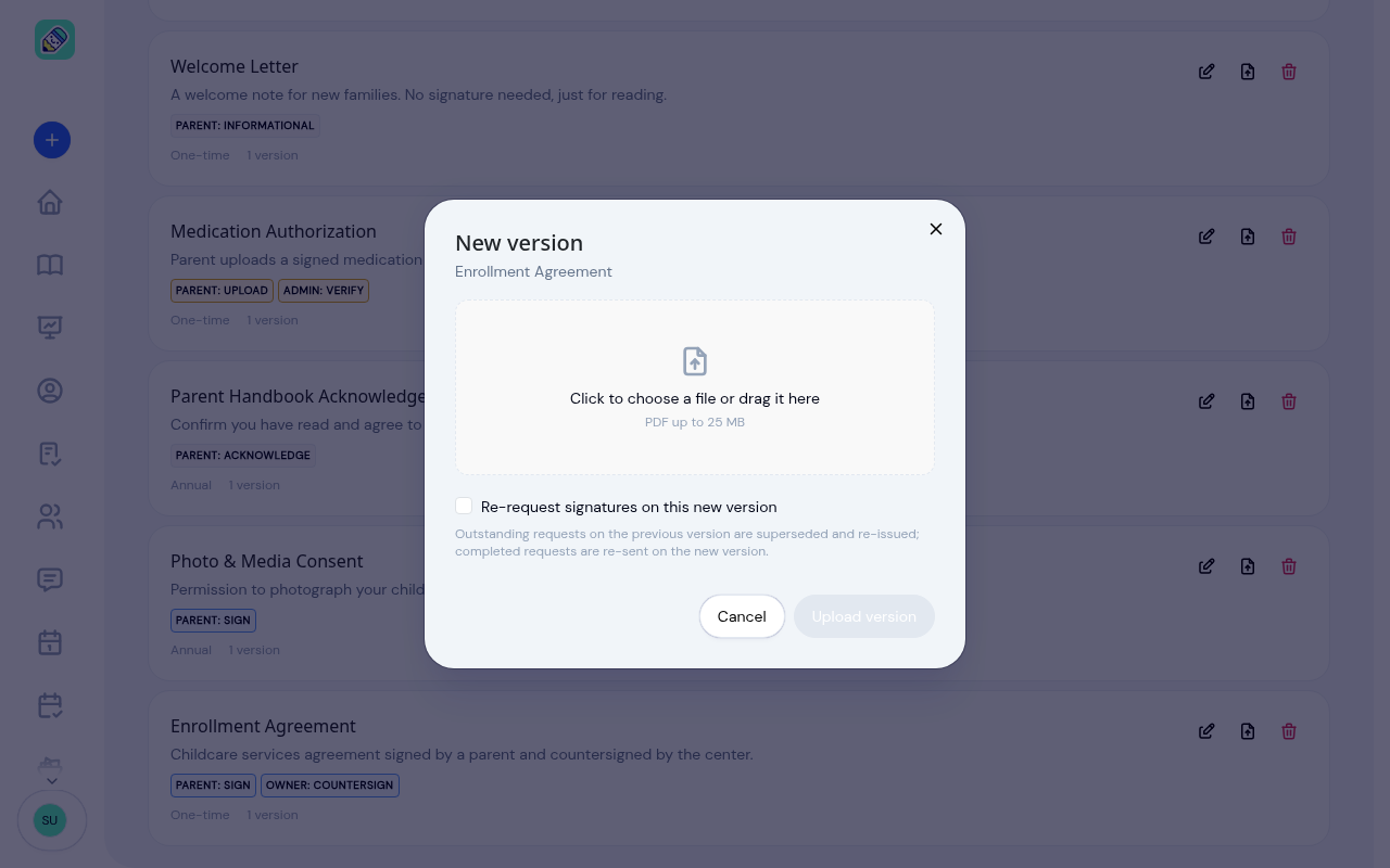 The New version window with an option to re-request signatures
