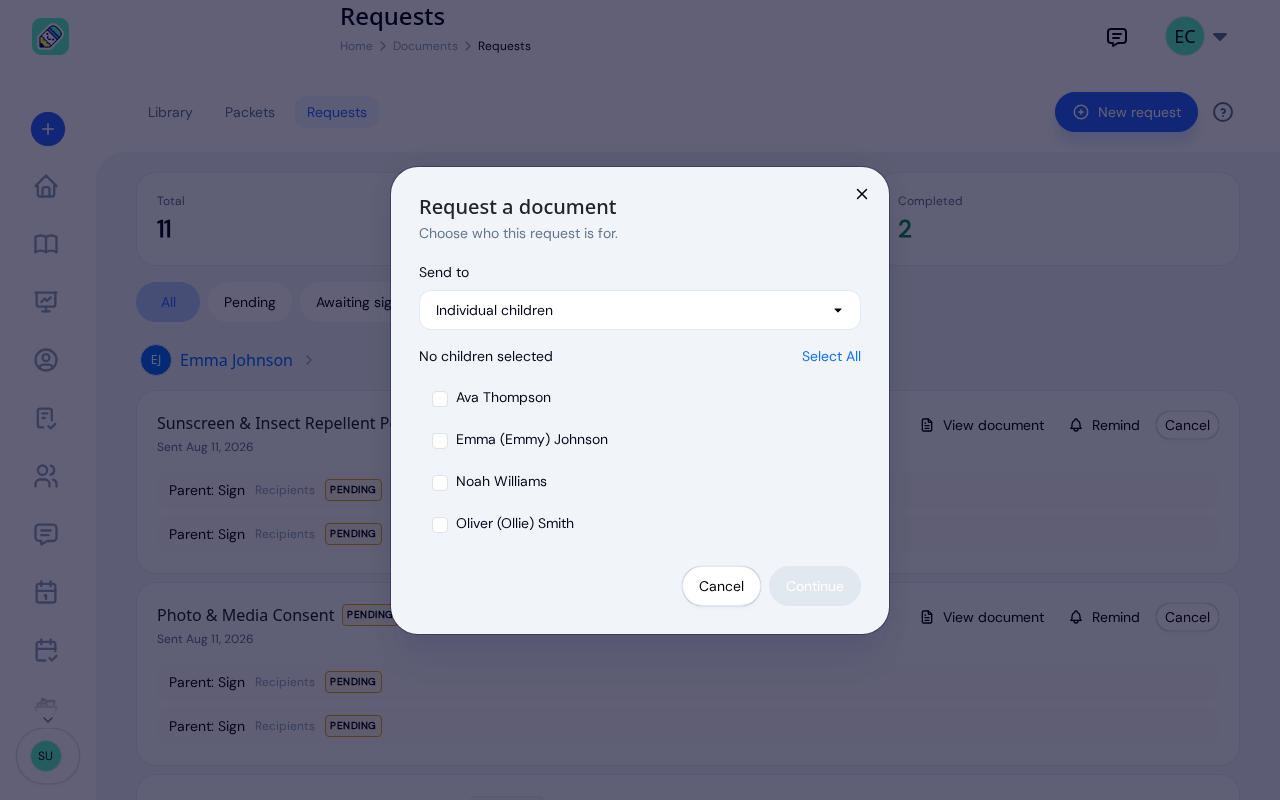 The Request a document window with Send to set to Individual children and a tickable list of the center's children with a Select All link