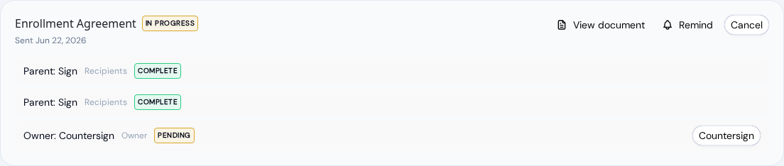 An Enrollment Agreement request marked In progress, with both Parent: Sign rows Complete and the Owner: Countersign row Pending with a Countersign button