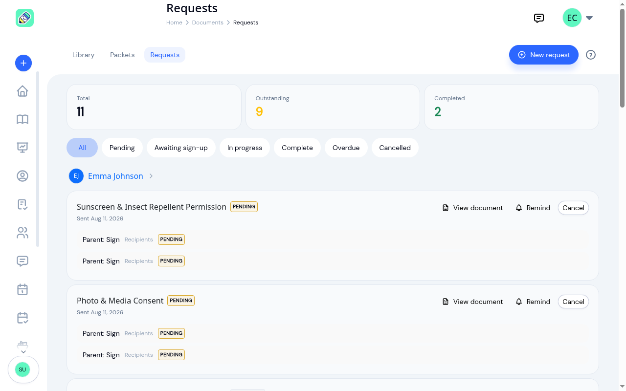 The Requests dashboard with stat cards, status filters, and requests grouped by child