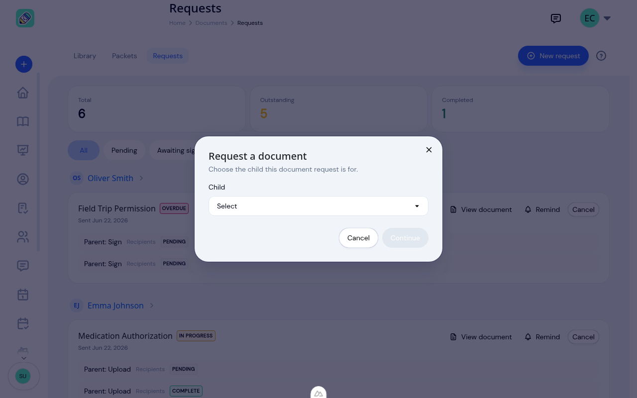 The New request window asking you to choose the child the document request is for