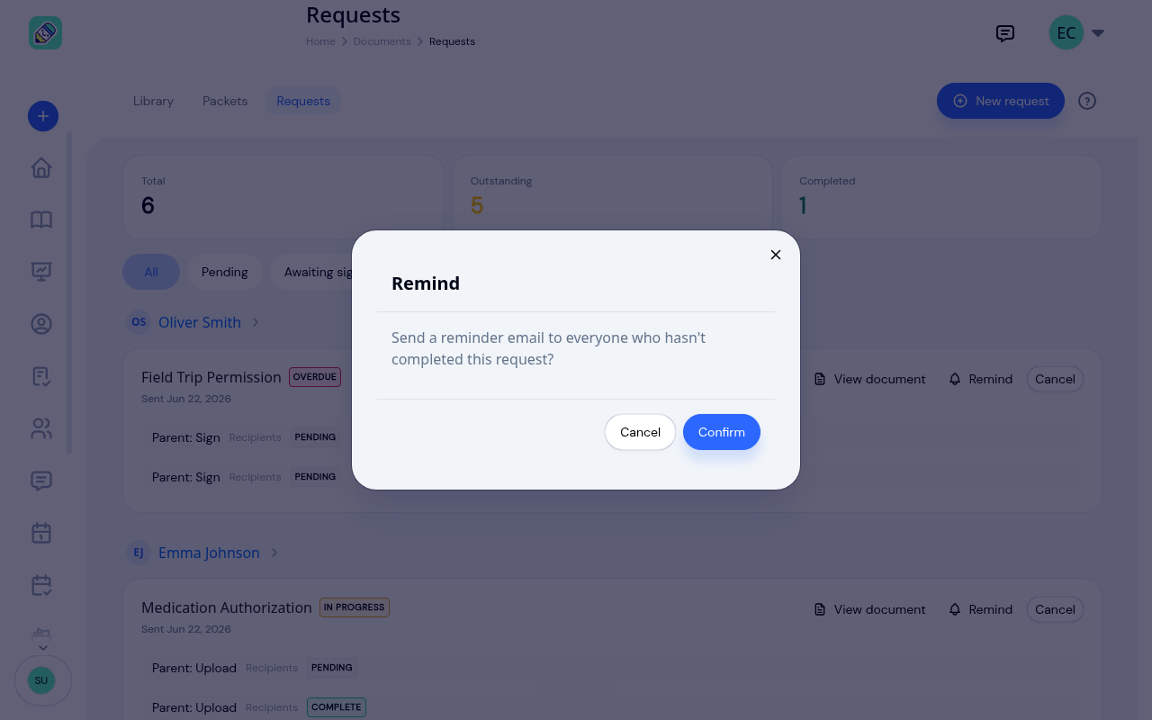 The Remind confirmation dialog asking whether to send a reminder email to everyone who hasn't completed the request