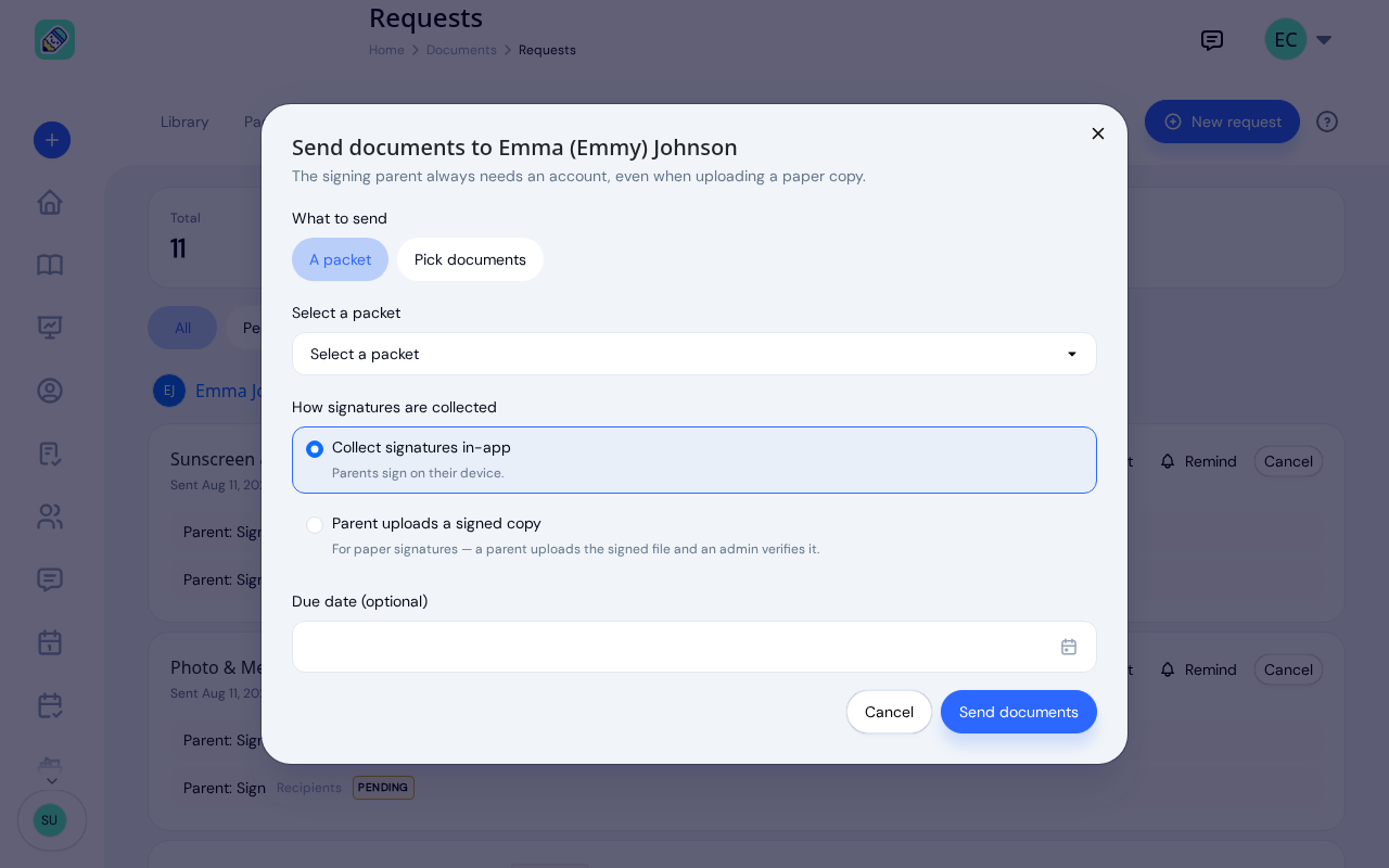 The Send documents window with A packet chosen as what to send and Collect signatures in-app selected