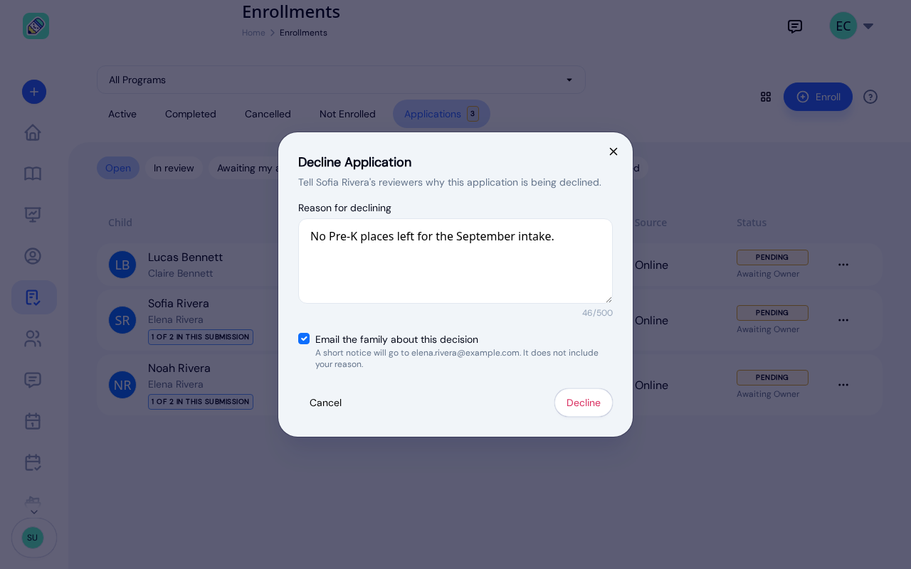 Decline Application dialog with a reason typed in, the Email the family about this decision box ticked, and the note that a short notice will go to the guardian's email without the reason