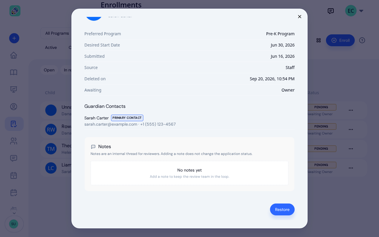 Deleted application detail scrolled to its end, showing the Deleted on date, the guardian contact, the read-only notes thread and a single Restore button