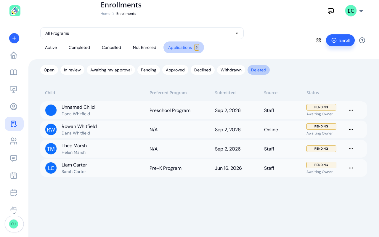 Applications tab on the Deleted filter listing four deleted applications, each still showing its original status