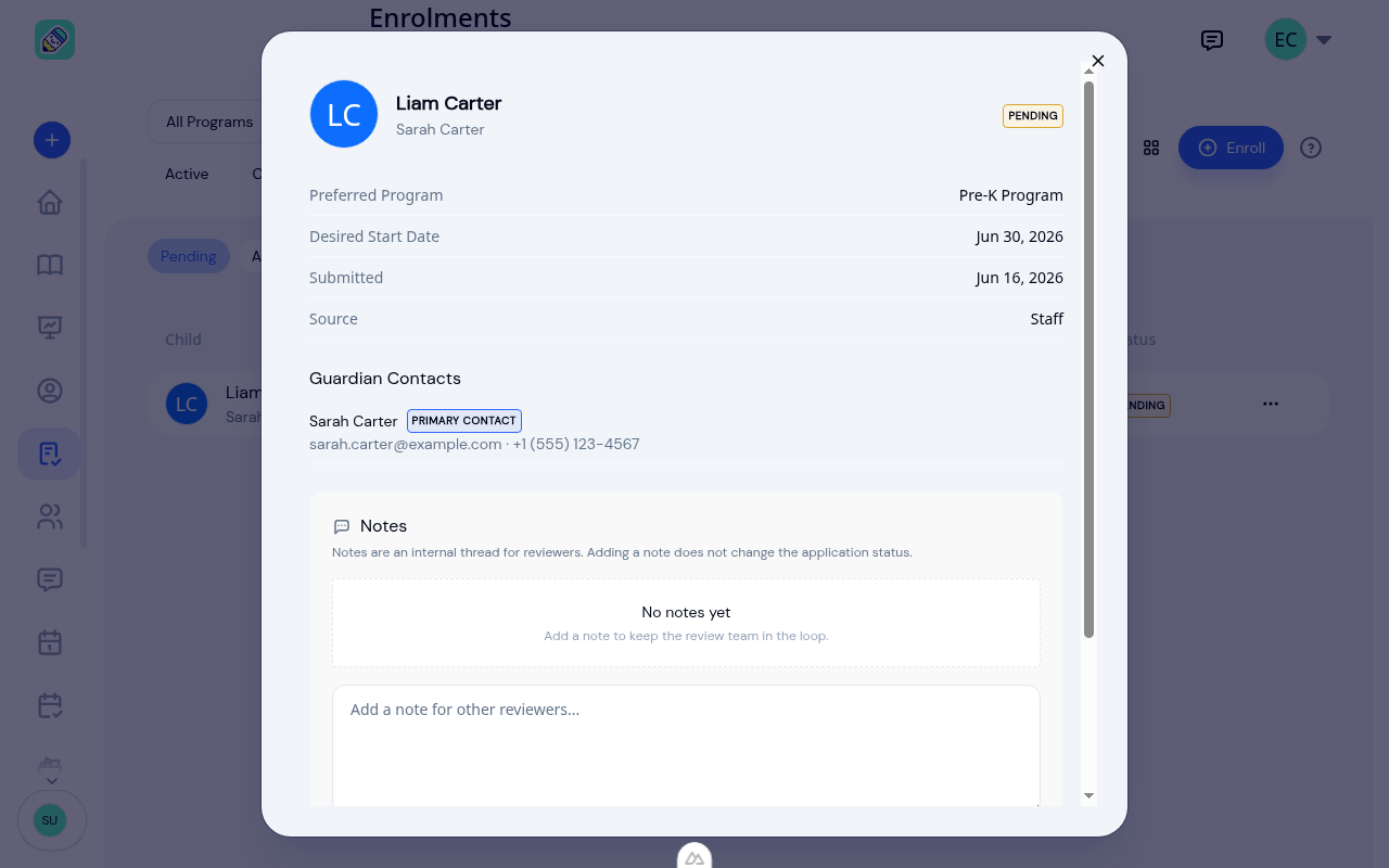 Application detail showing the child and guardian summary and the internal notes thread