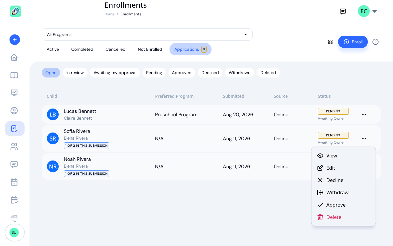 Row menu on a pending application listing View, Edit, Decline, Withdraw, Approve and Delete