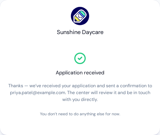 Application received screen for Sunshine Daycare confirming that a confirmation was sent to the family's email and the center will be in touch