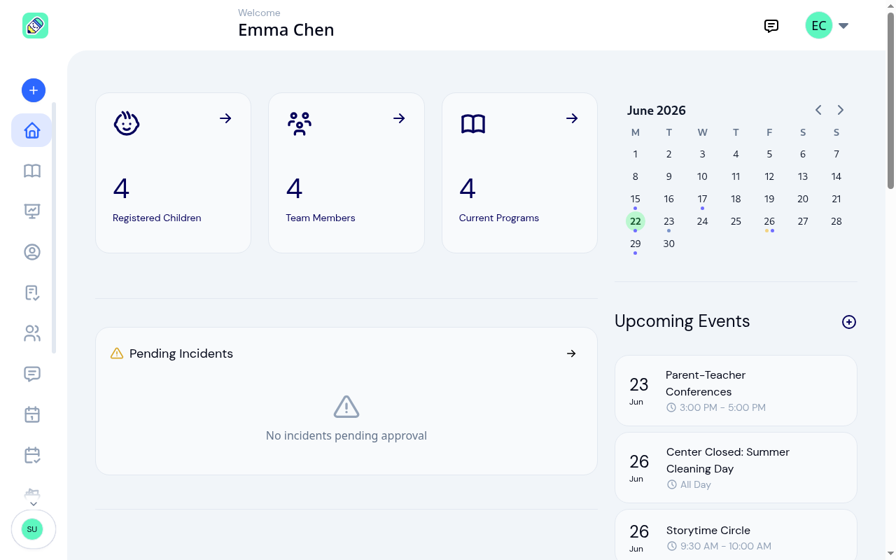 KidzLog admin dashboard showing summary cards, pending incidents, attendance widget, calendar, and upcoming events