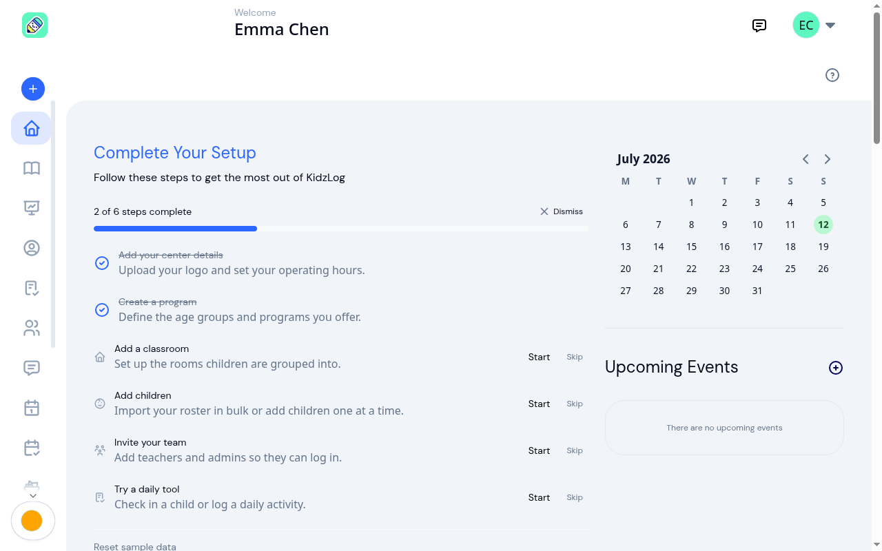 KidzLog dashboard for a new center showing the Complete Your Setup checklist, calendar, and upcoming events