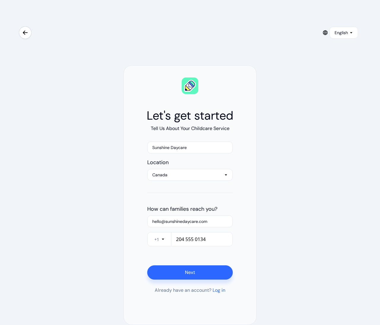Completed new center form ready to submit