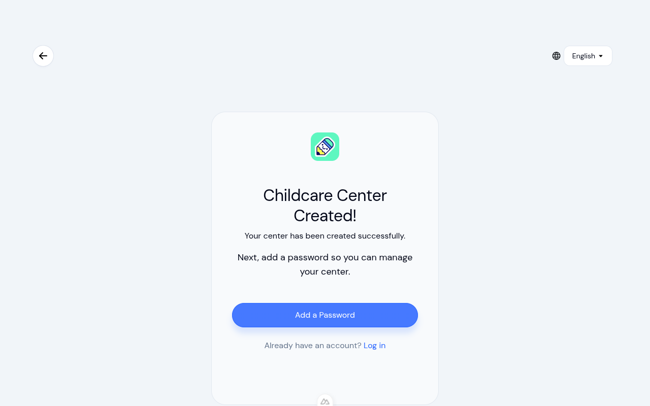 Center created confirmation screen with an Add a Password button