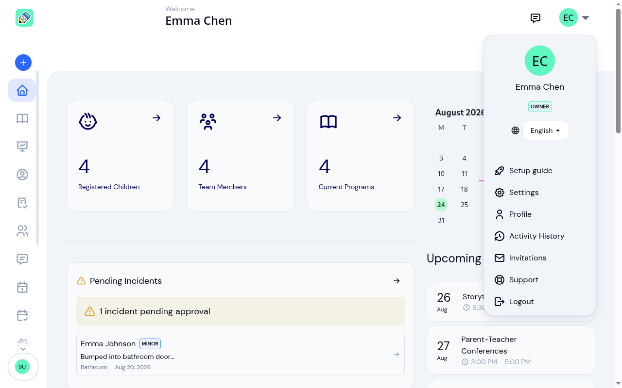 Account menu open on the dashboard, showing the Activity History link between Profile and Invitations