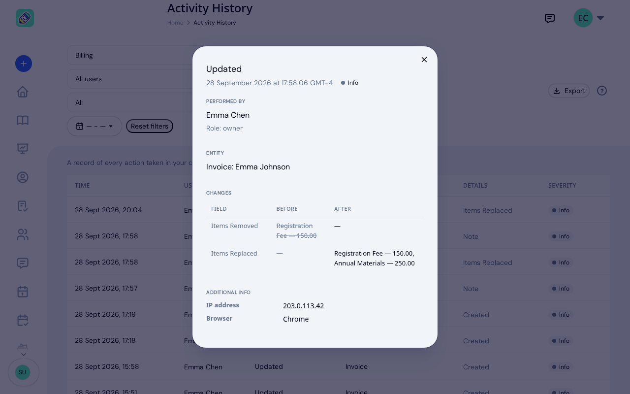 Event details for an updated invoice on Emma Johnson, with Items Removed showing Registration Fee — 150.00 before the edit and Items Replaced showing Registration Fee — 150.00 and Annual Materials — 250.00 after it