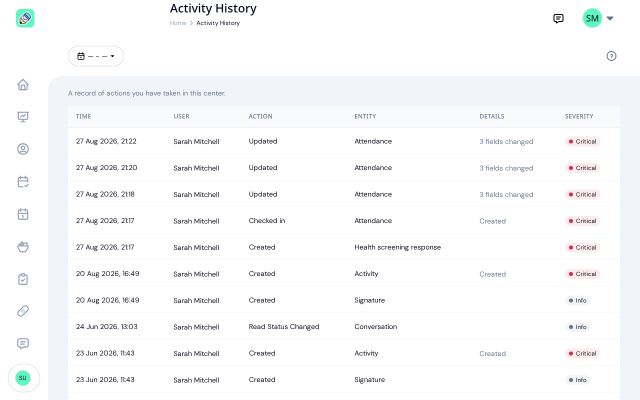 Teacher Activity History page showing only their own actions with a date range picker as the sole filter
