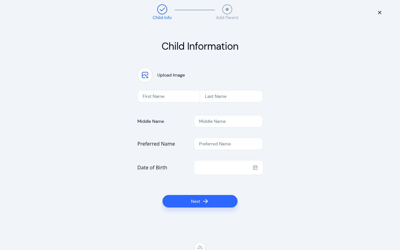 Add child wizard showing the child information form with fields for name, photo, and date of birth