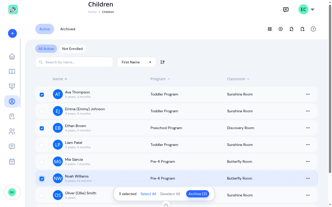 Children list with three children selected and a bottom action bar showing an Archive button