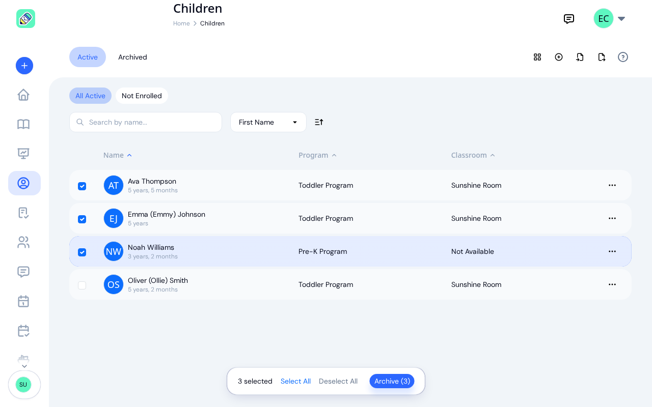Children list with three children selected and a bottom action bar showing an Archive button