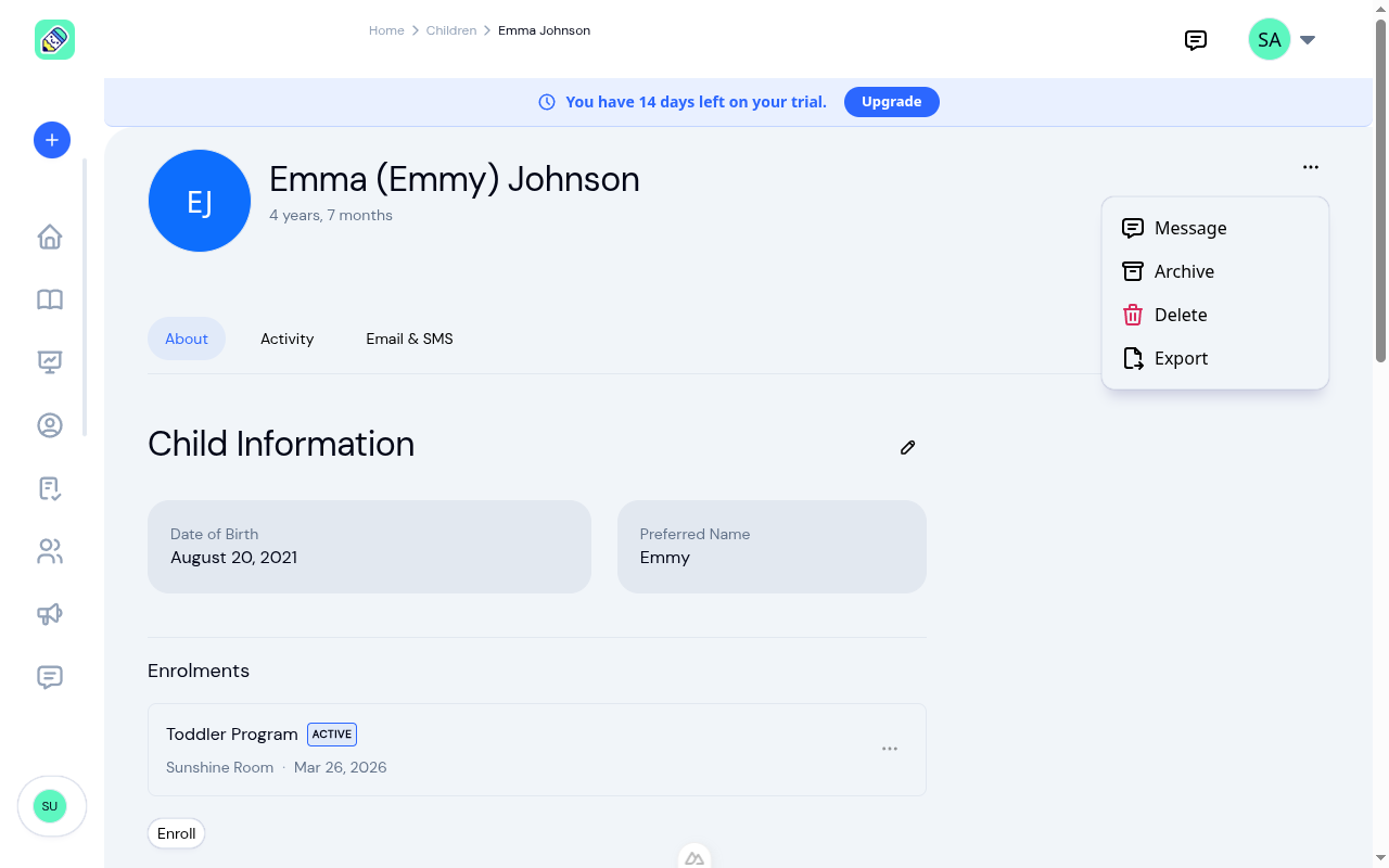 Child detail page with the actions dropdown showing Message, Archive, Delete, and Export options