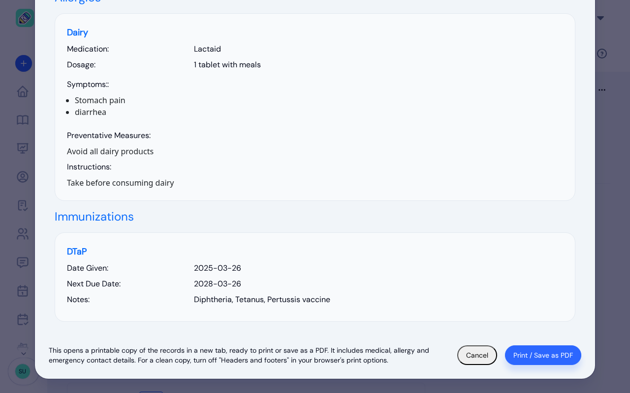 Export preview showing the end of a child's record, with a note that a printable copy opens in a new tab and Cancel and Print / Save as PDF buttons