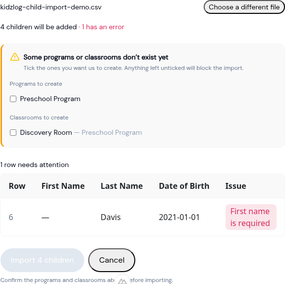 Import preview showing how many children will be added, a panel to create missing programs and classrooms, and a table of rows with errors