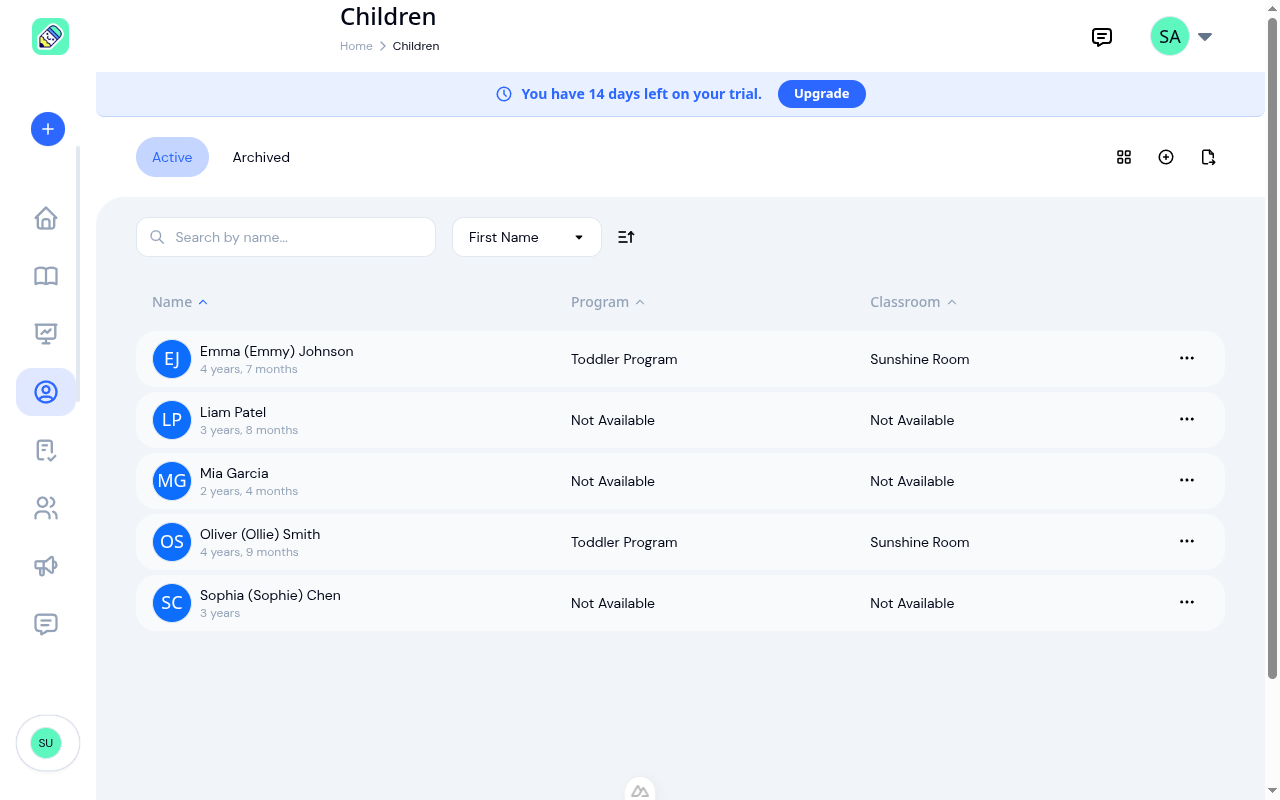 Children list view showing all active children with name, program, and classroom columns