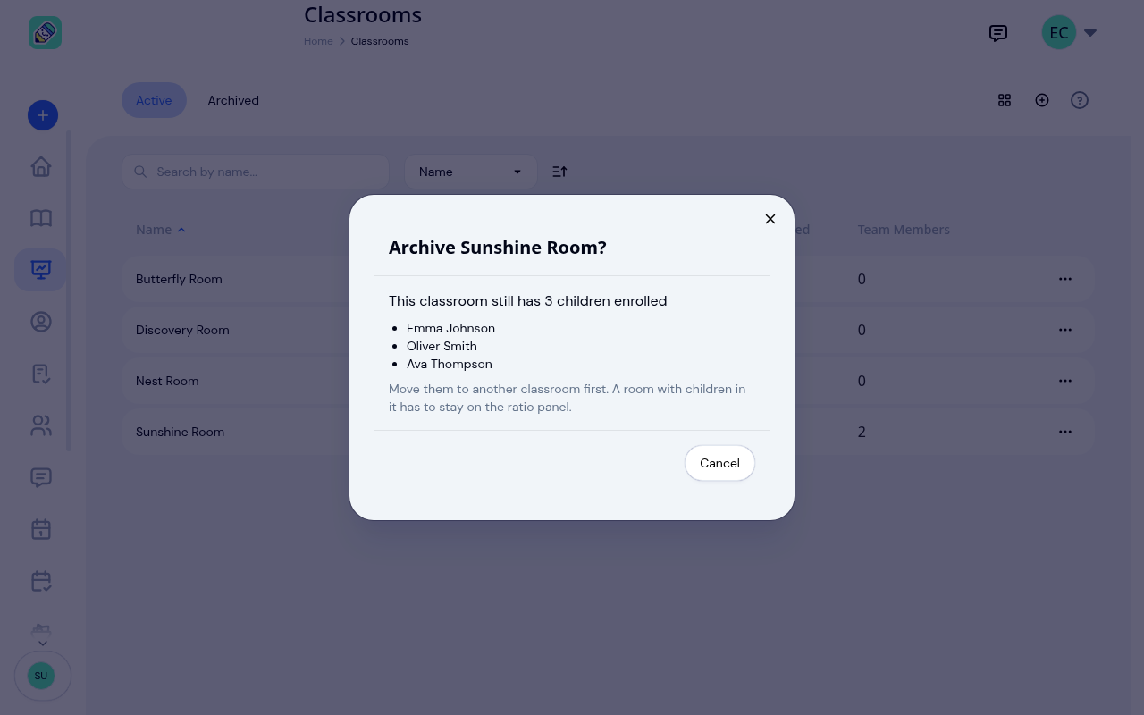 Archive dialog listing the three children still enrolled in Sunshine Room, with the advice to move them to another classroom first