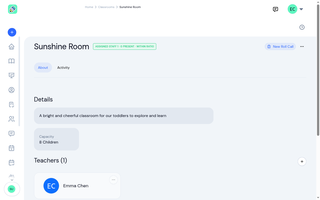 Sunshine Room detail page with a green within-ratio status badge next to the room name, plus the capacity and assigned teacher
