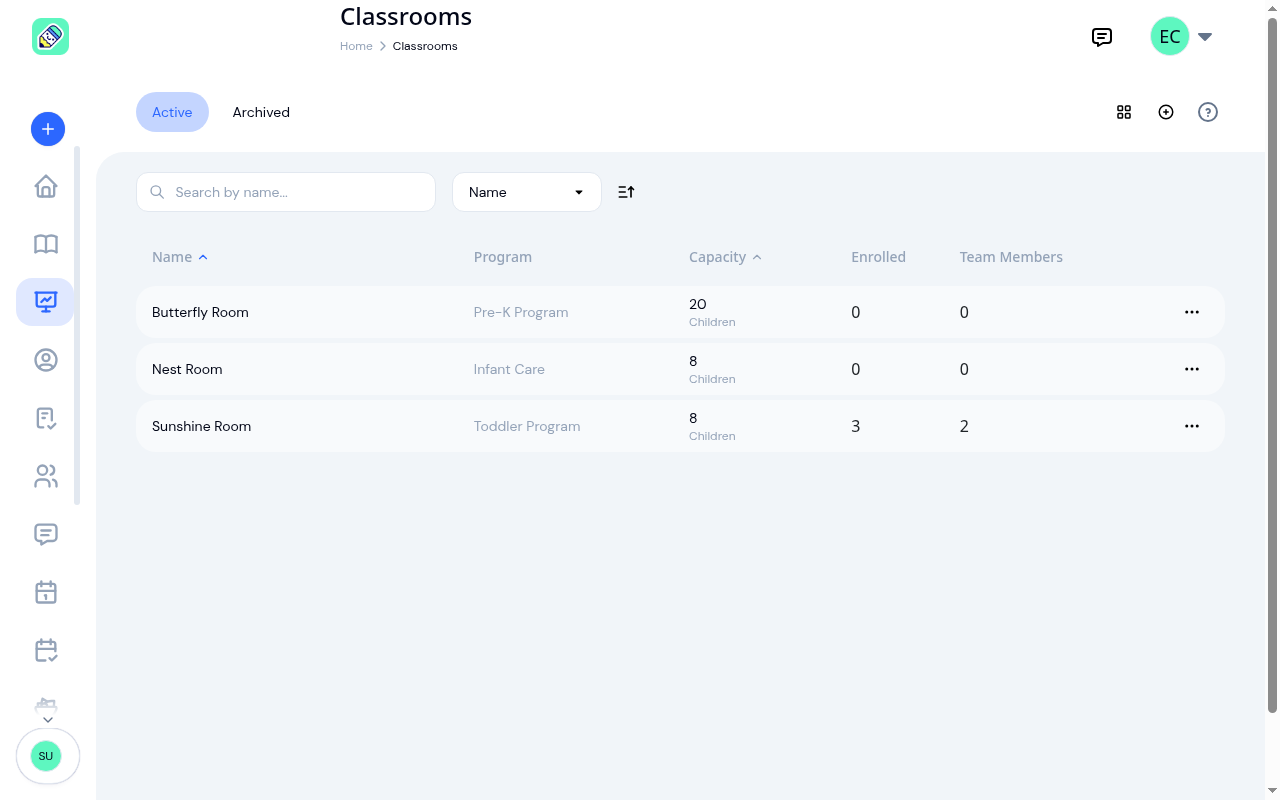 Classrooms list on the Active tab showing three rooms with name, program, capacity, enrolled count, and team members
