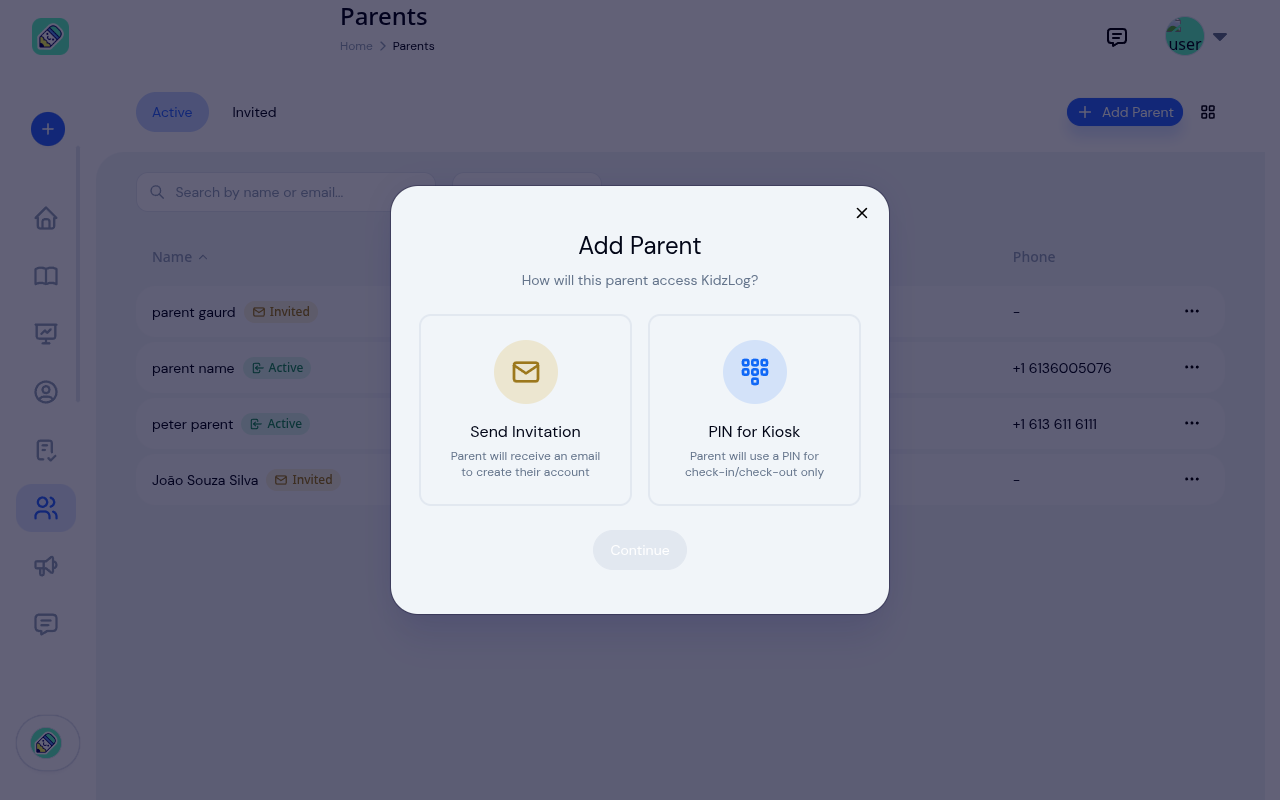 Add Parent wizard showing two options: Send Invitation or PIN for Kiosk
