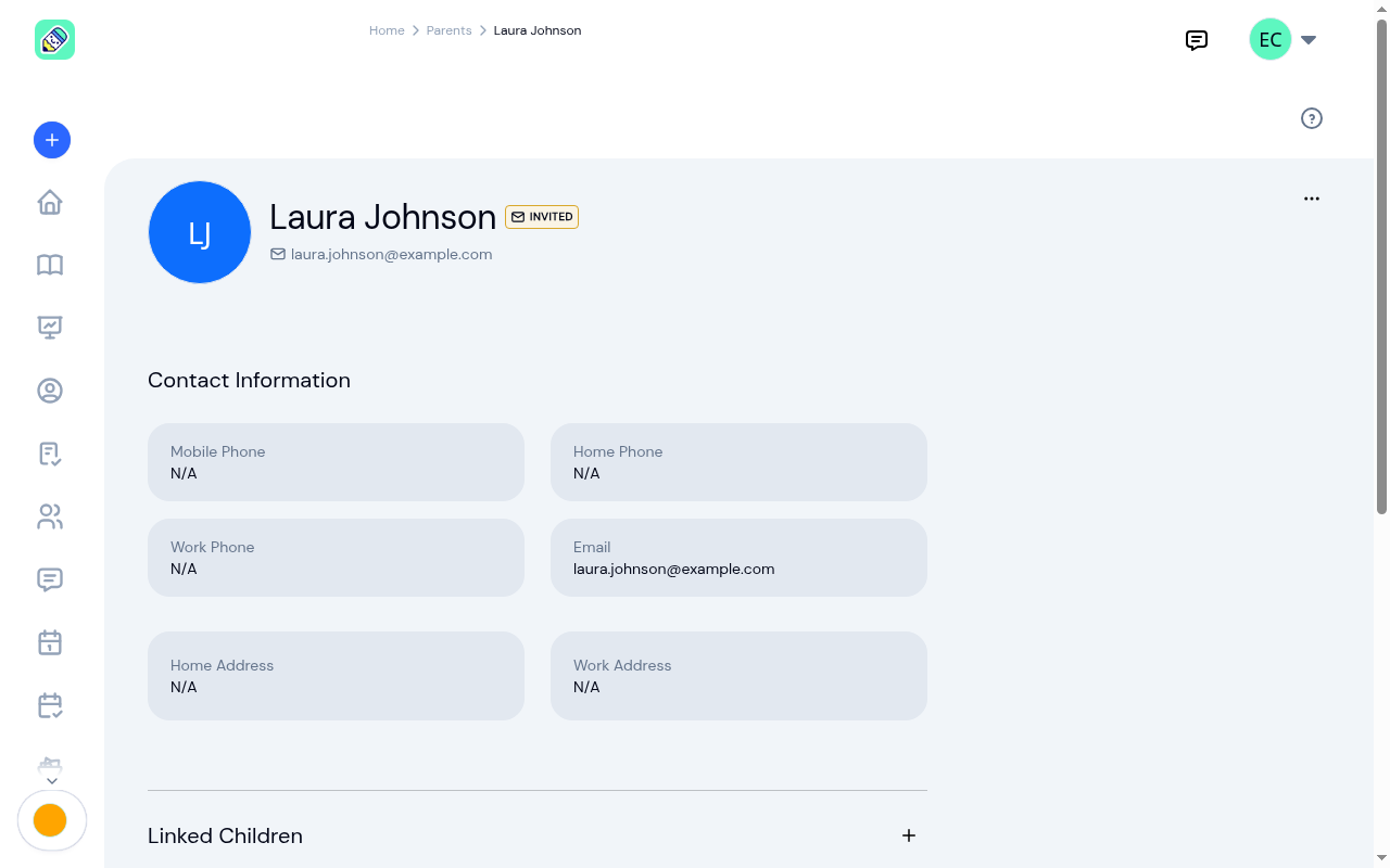 Parent detail page showing header with name, status badge, email and phone, followed by contact information section